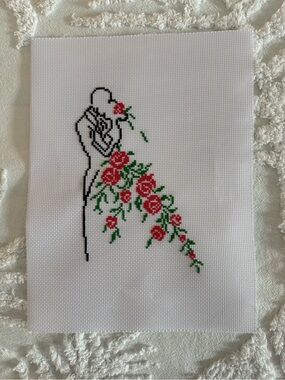 Hand-Embroidered Bride Silhouette with Red Rose Bouquet - Home Art